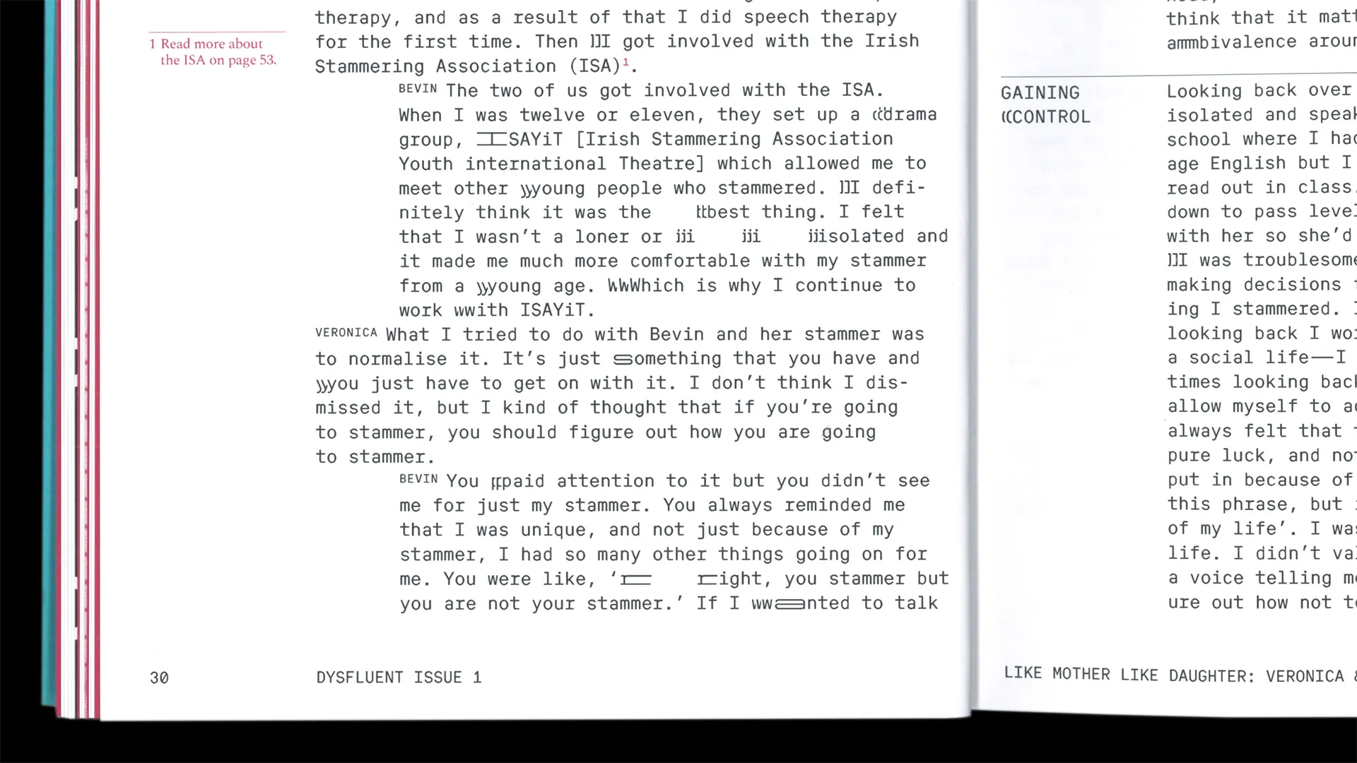 A scanned image of Dysfluent Issue 1. It is a close up of the left page, showing a text interview.