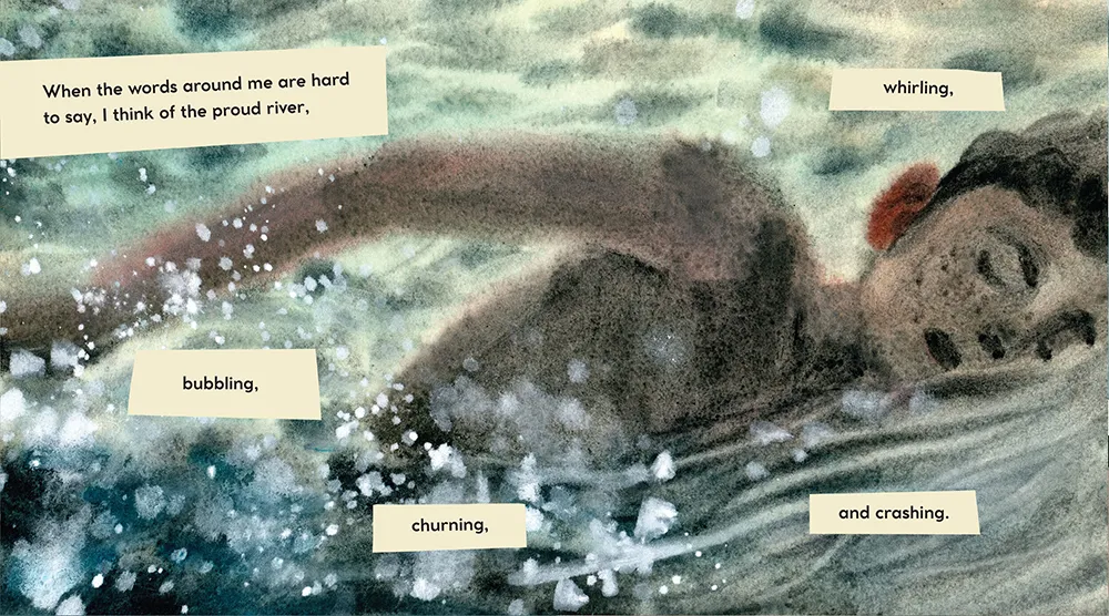 A watercolour painting of a young boy swimming in water. He is swimming away, his back turned and face not visible. He has black hair and white skin. Around him are swirls of white, teal and green-painted water.